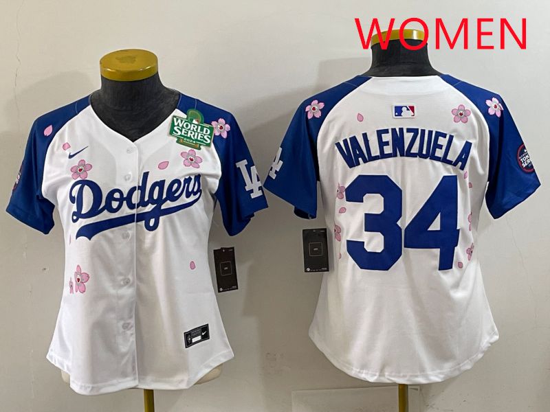 Women Los Angeles Dodgers #34 Valenzuela White Blue Sakura Edition 2025 Nike MLB Jersey style 34